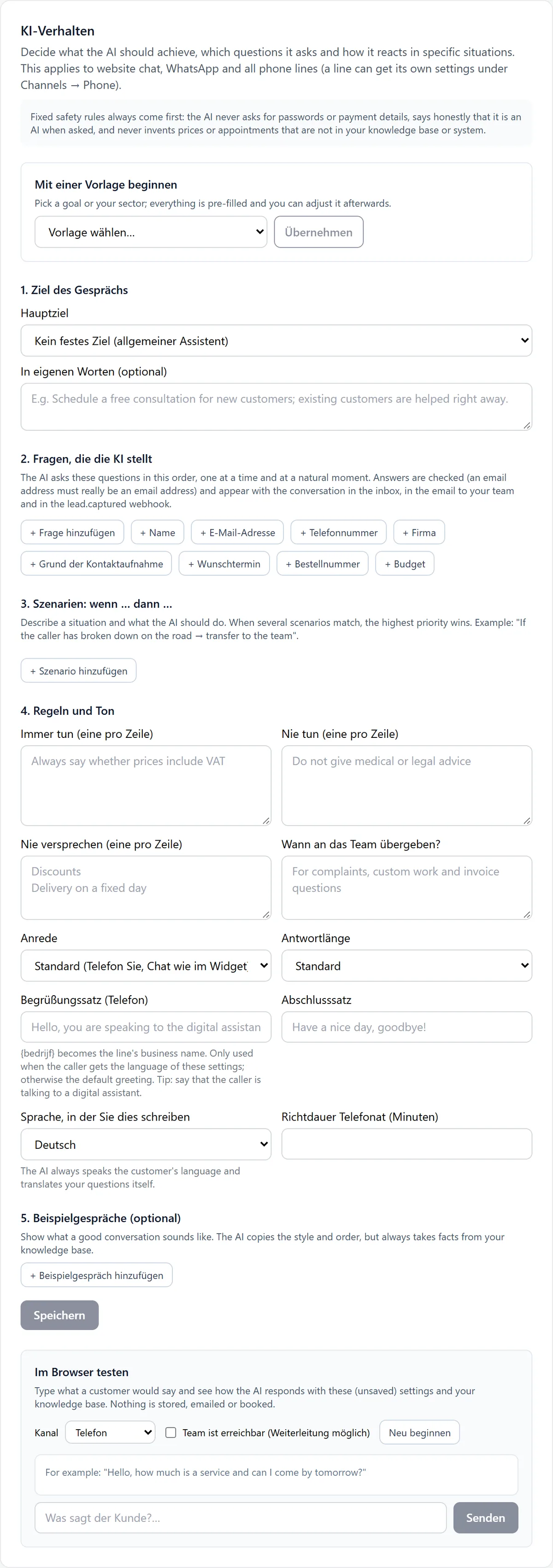 Der Editor für das KI-Verhalten mit Mit einer Vorlage beginnen, 1. Ziel des Gesprächs, 2. Fragen, die die KI stellt, 3. Szenarien, 4. Regeln und Ton, 5. Beispielgespräche und Im Browser testen.