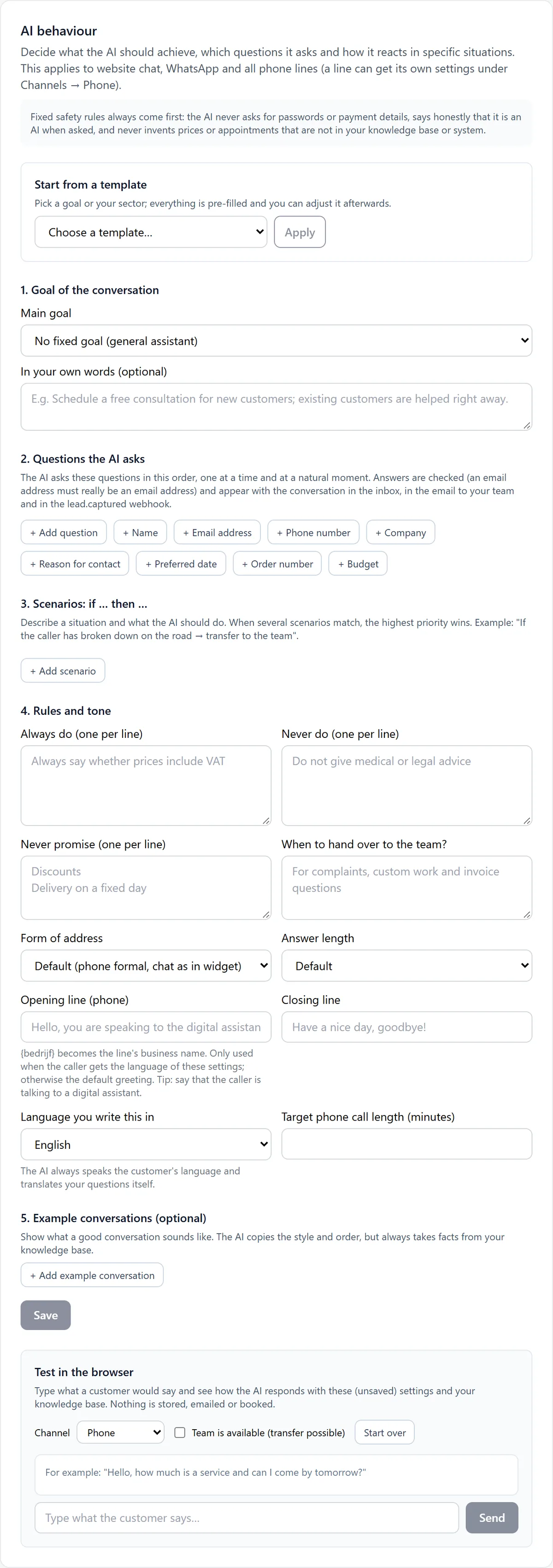 The AI behaviour editor with Start from a template, 1. Goal of the conversation, 2. Questions the AI asks, 3. Scenarios, 4. Rules and tone, 5. Example conversations and Test in the browser.