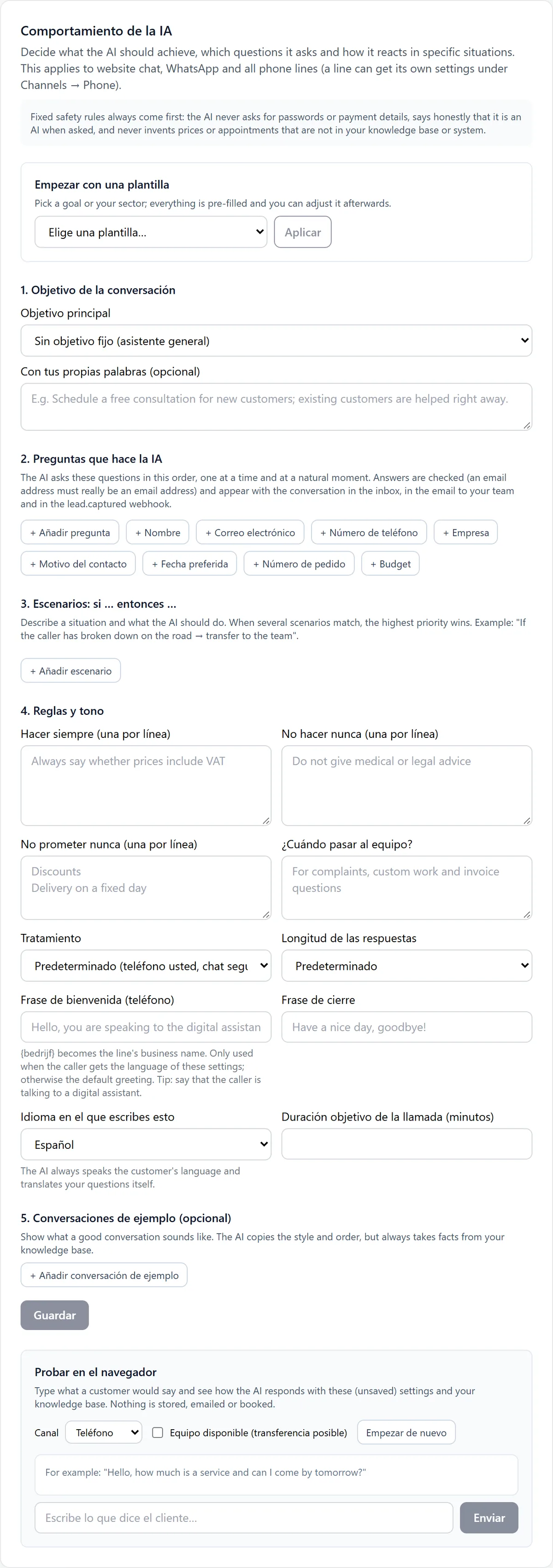 El editor de comportamiento de la IA con Empezar con una plantilla, 1. Objetivo de la conversación, 2. Preguntas que hace la IA, 3. Escenarios, 4. Reglas y tono, 5. Conversaciones de ejemplo y Probar en el navegador.