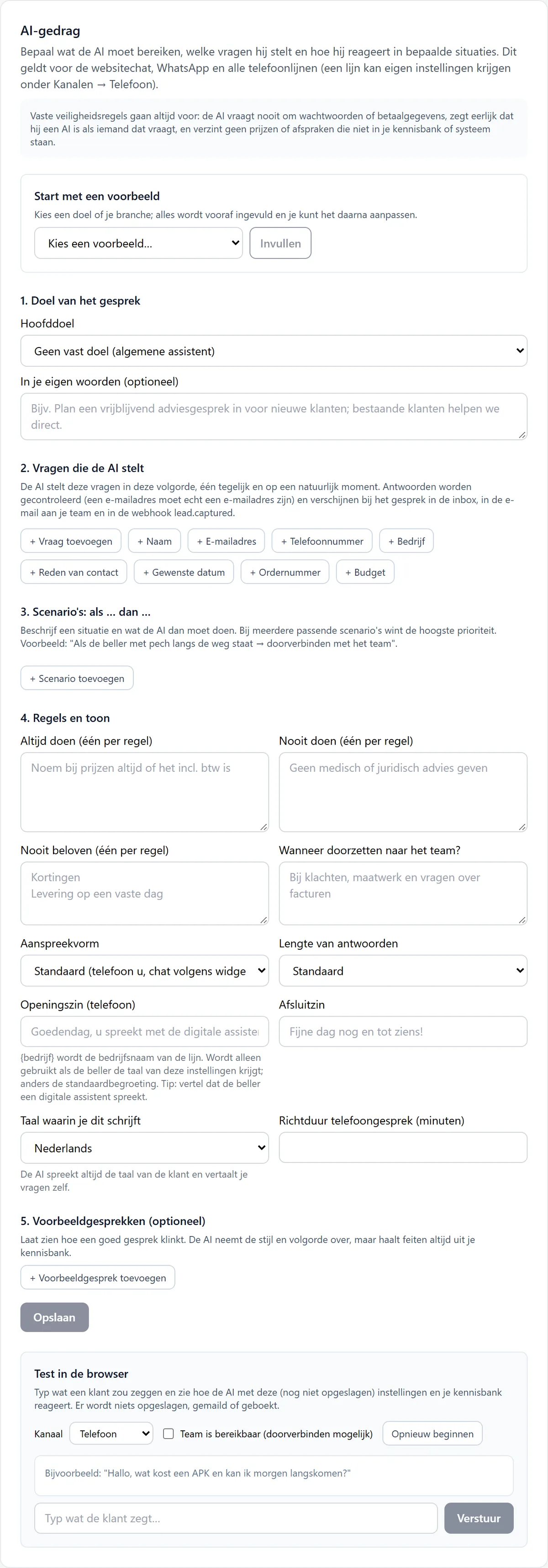 De editor AI-gedrag met Start met een voorbeeld, 1. Doel van het gesprek, 2. Vragen die de AI stelt, 3. Scenario's, 4. Regels en toon, 5. Voorbeeldgesprekken en Test in de browser.