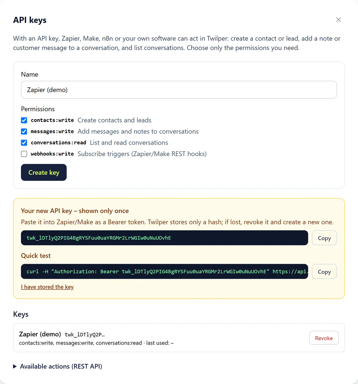 A newly created demo key shown once, with the button I have stored the key.