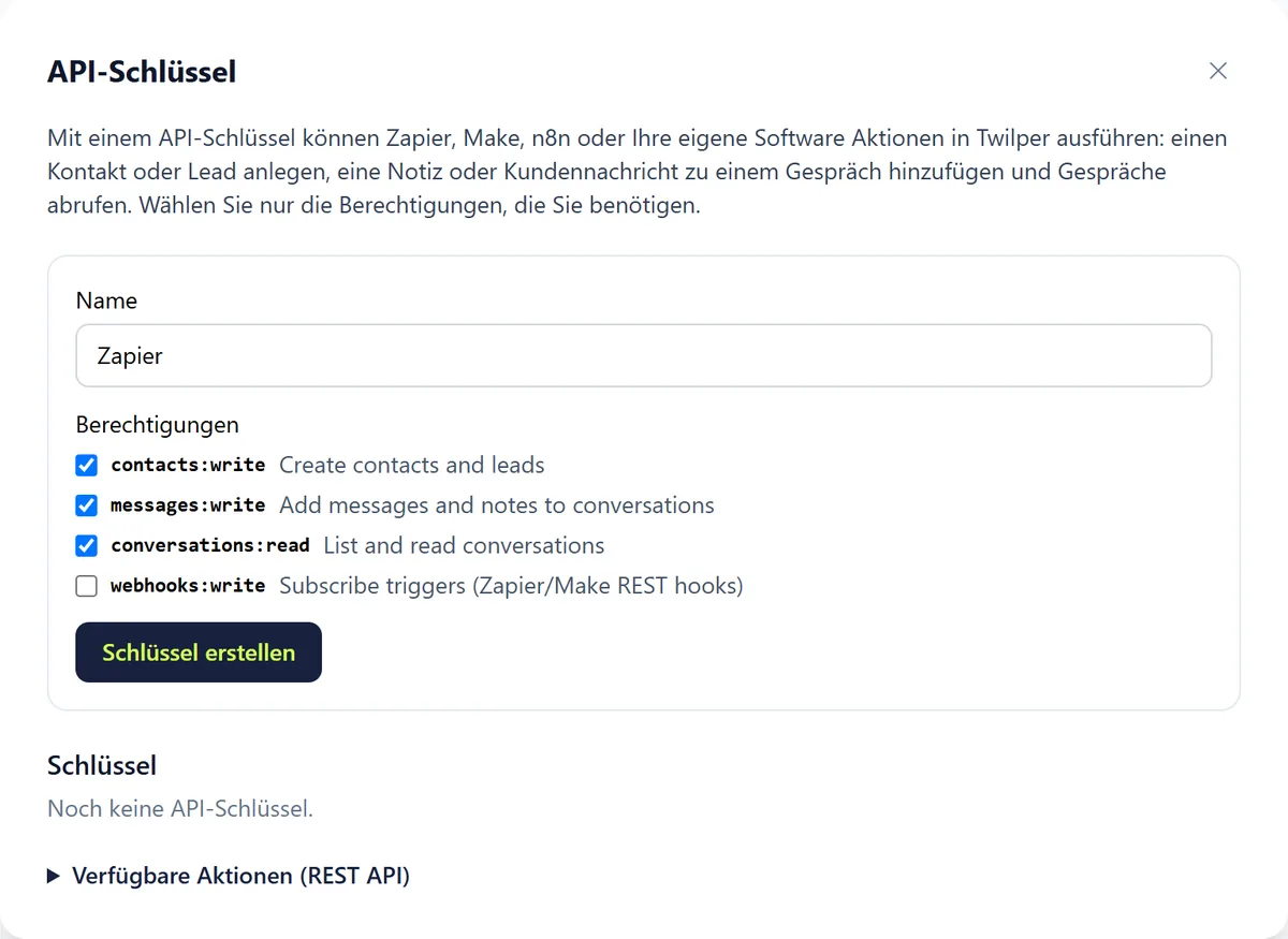 Der Assistent API-Schlüssel mit dem Feld Name, den Berechtigungen contacts:write, messages:write, conversations:read und webhooks:write und der Schaltfläche Schlüssel erstellen.