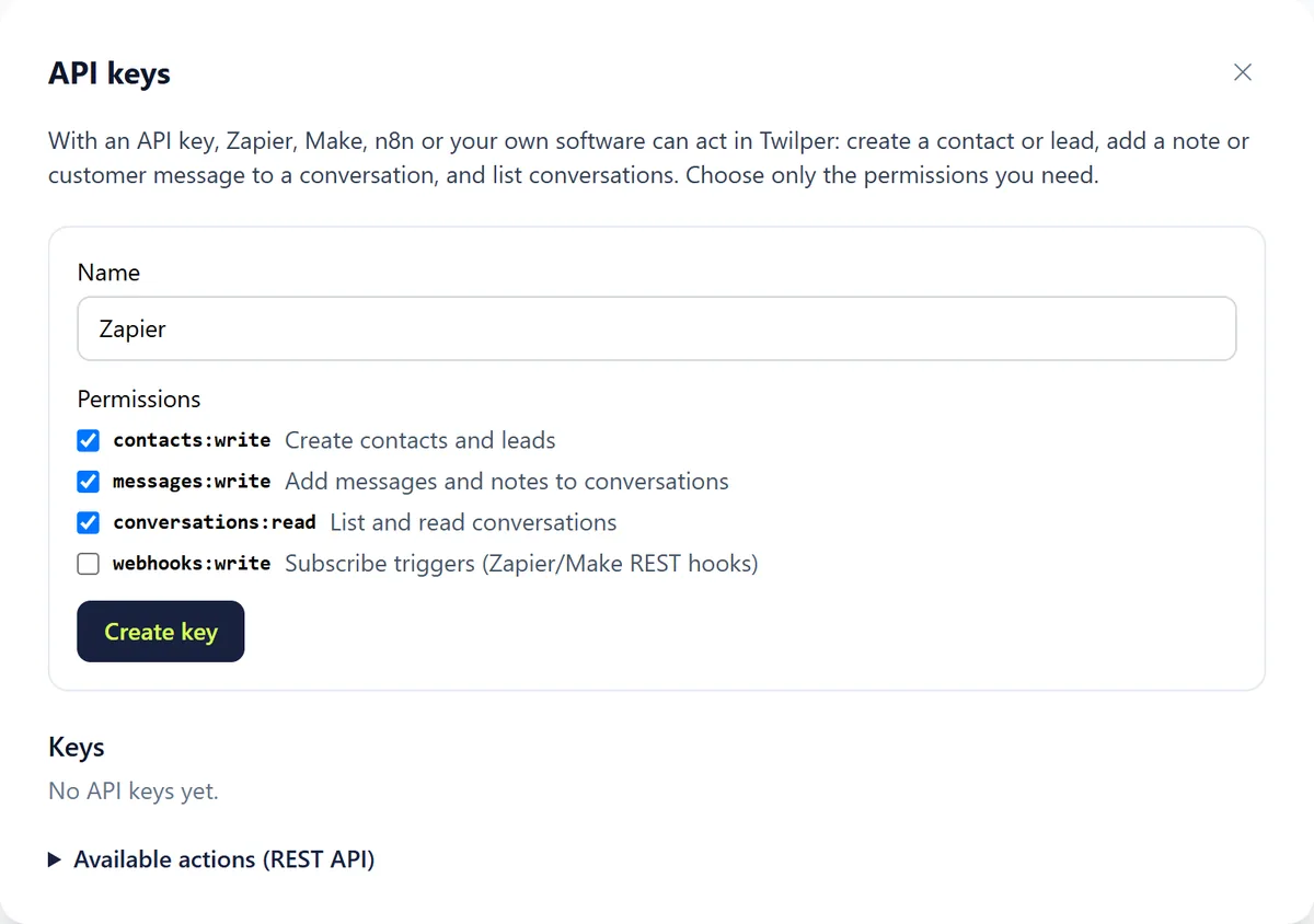 The API keys wizard with the Name field, the permissions contacts:write, messages:write, conversations:read and webhooks:write and the Create key button.