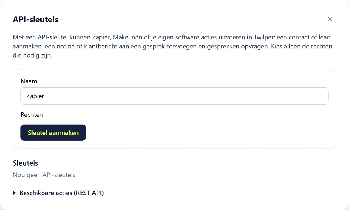 De wizard API-sleutels met het veld Naam, de rechten contacts:write, messages:write, conversations:read en webhooks:write en de knop Sleutel aanmaken.