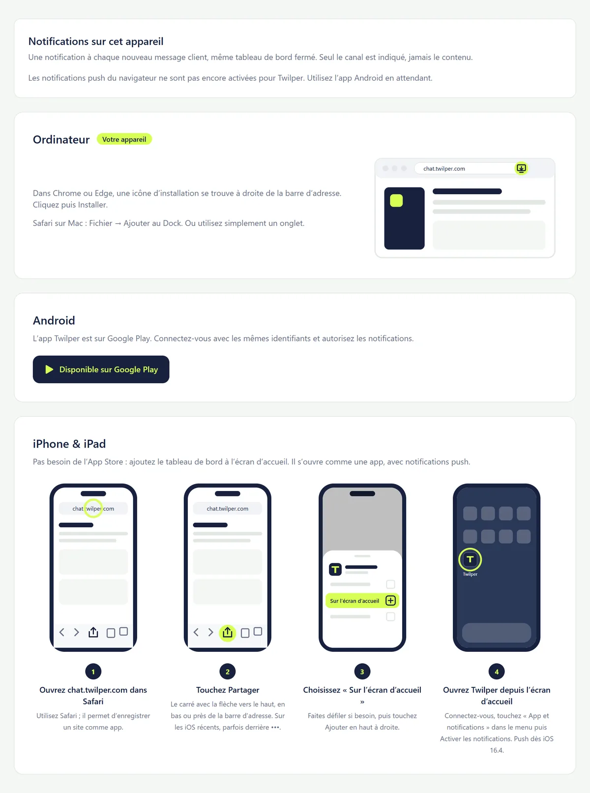 La page App et notifications avec le bouton de téléchargement Google Play, les instructions pour iPhone et le bloc Notifications sur cet appareil.