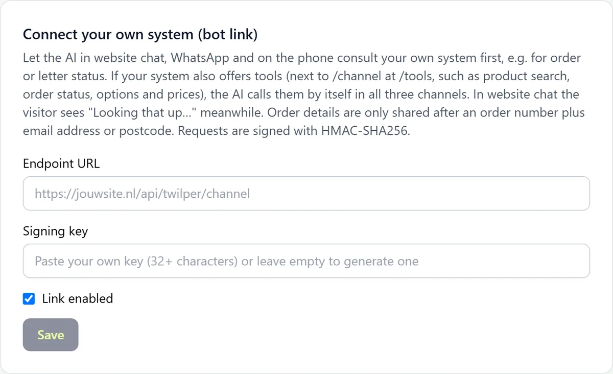 The card Connect your own system (bot link) with the fields Endpoint URL and Signing key, the Link active checkbox and the Save button.