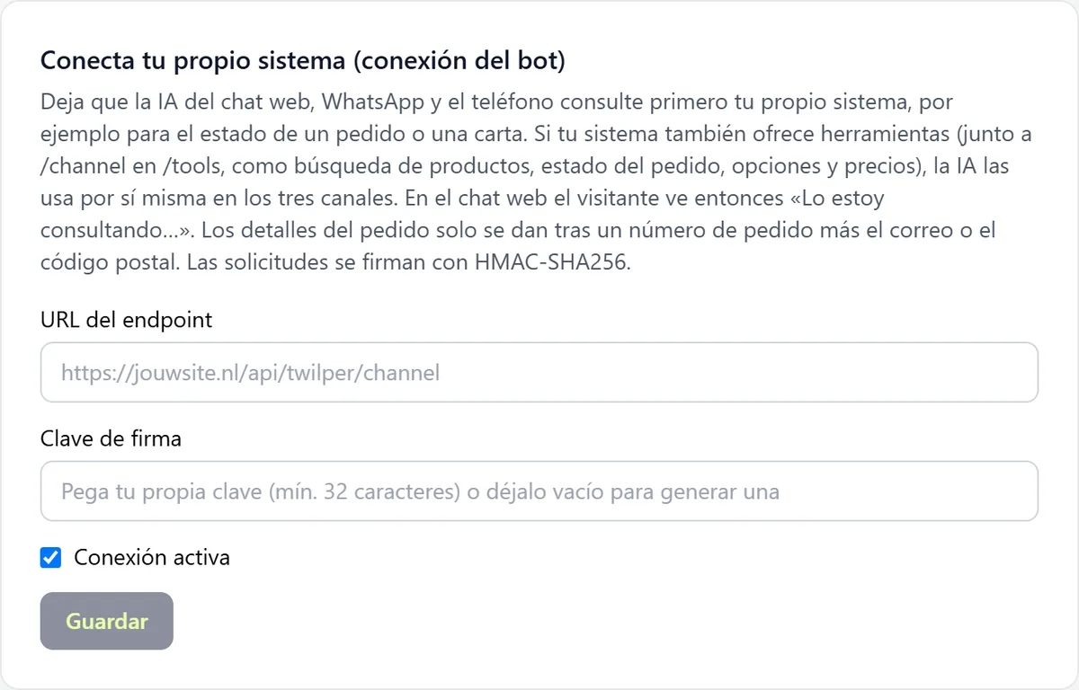 La tarjeta Conecta tu propio sistema (conexión del bot) con los campos URL del endpoint y Clave de firma, la casilla Conexión activa y el botón Guardar.