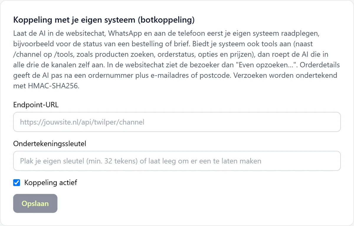 De kaart Koppeling met je eigen systeem (botkoppeling) met de velden Endpoint-URL en Ondertekeningssleutel, het vinkje Koppeling actief en de knop Opslaan.