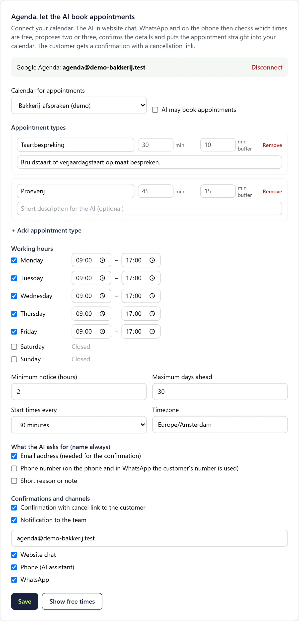 The calendar card with a connected demo calendar, the appointment types Taartbespreking and Proeverij, working hours per day and the booking and confirmation settings.