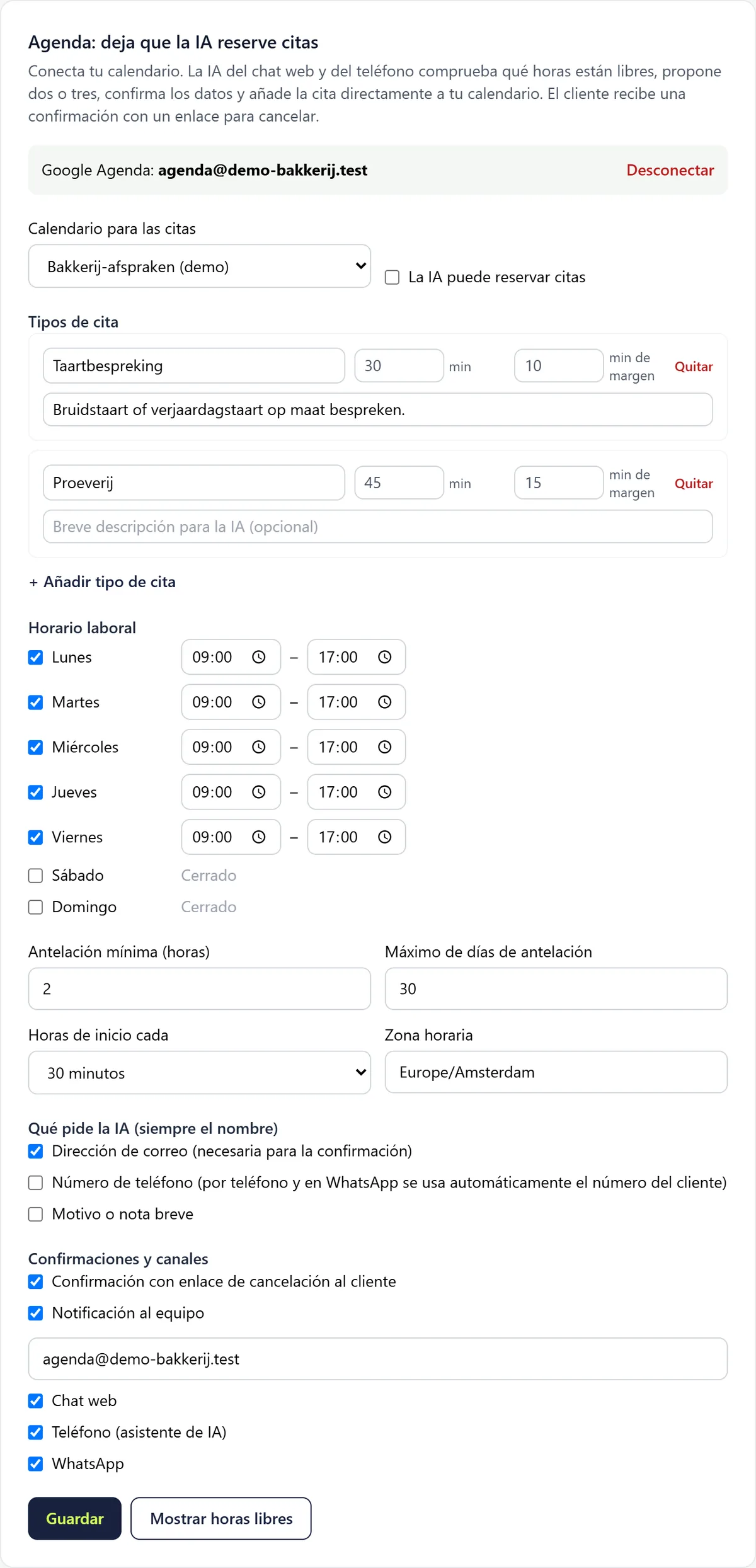 La tarjeta de agenda con un calendario de demostración conectado, los tipos de cita Taartbespreking y Proeverij, el horario laboral por día y los ajustes de reserva y confirmación.