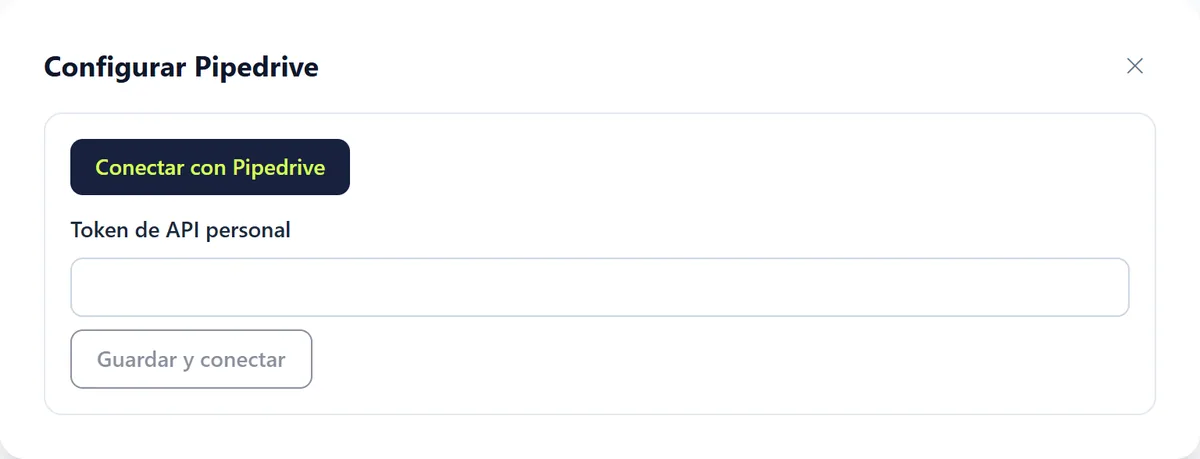 El asistente Configurar Pipedrive con el botón Conectar con Pipedrive y un campo para un token de API personal.