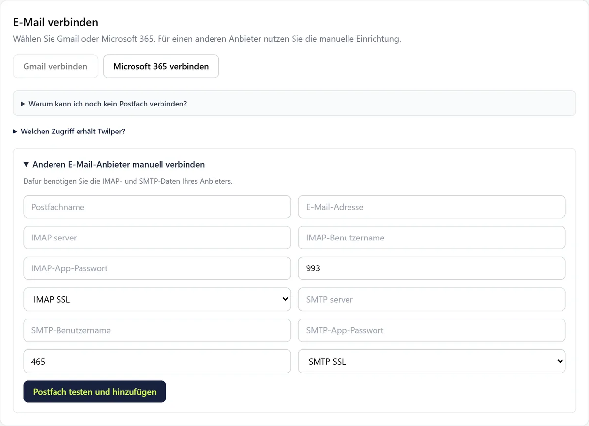 Kanäle, Registerkarte E-Mail, mit den Schaltflächen Gmail verbinden und Microsoft 365 verbinden und dem aufgeklappten IMAP- und SMTP-Formular.