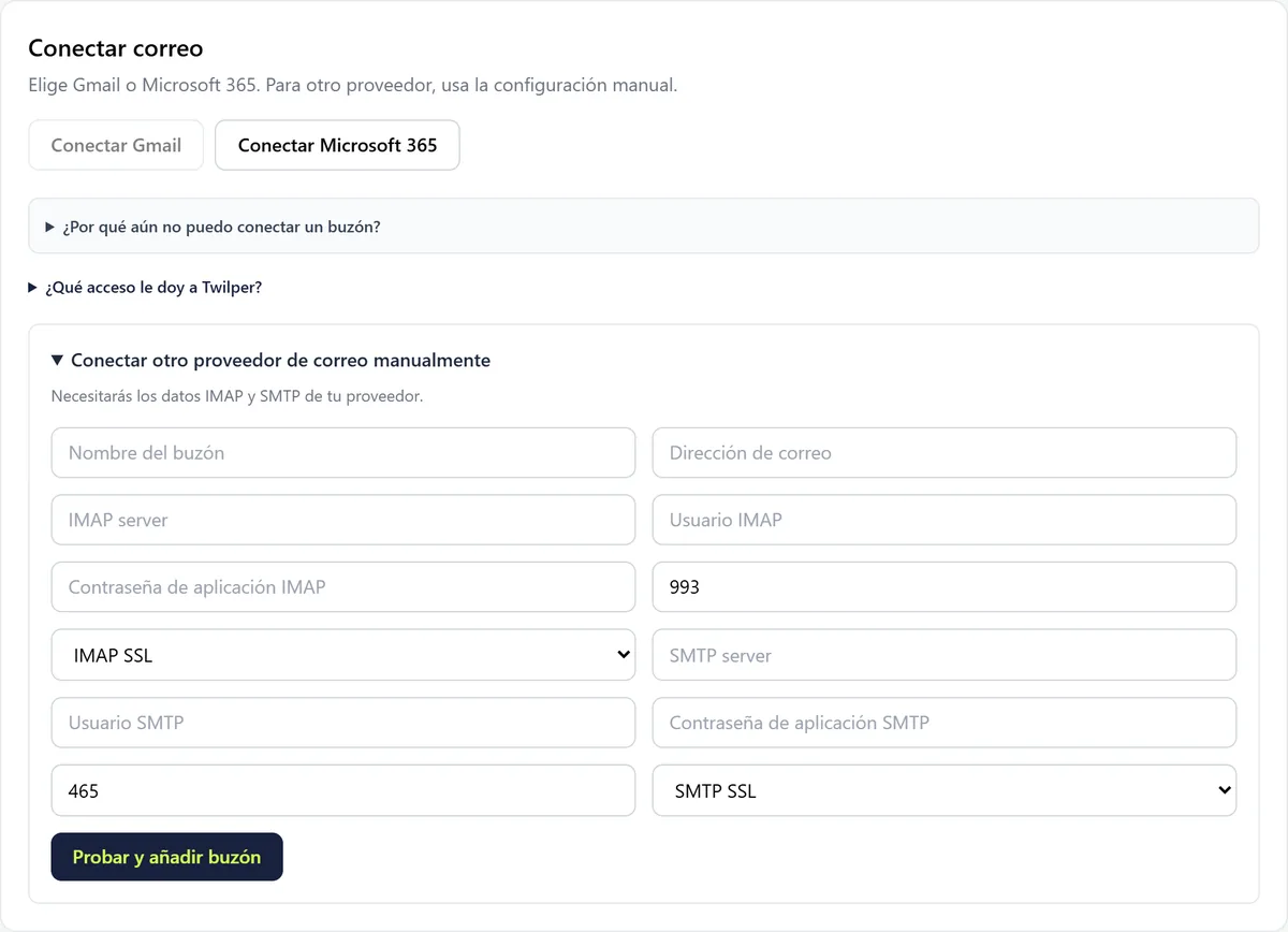 Canales, pestaña Correo, con los botones Conectar Gmail y Conectar Microsoft 365 y el formulario IMAP y SMTP desplegado.