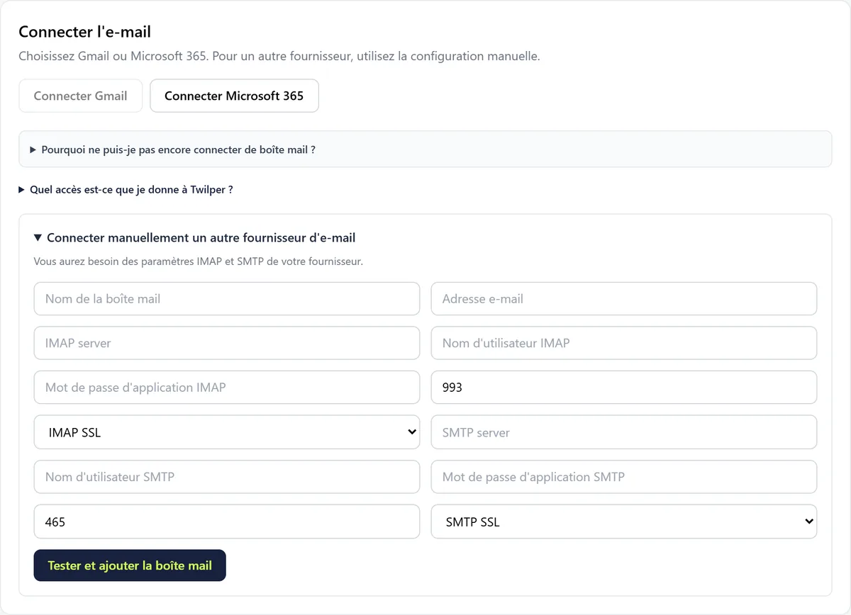 Canaux, onglet E-mail, avec les boutons Connecter Gmail et Connecter Microsoft 365 et le formulaire IMAP et SMTP déplié.