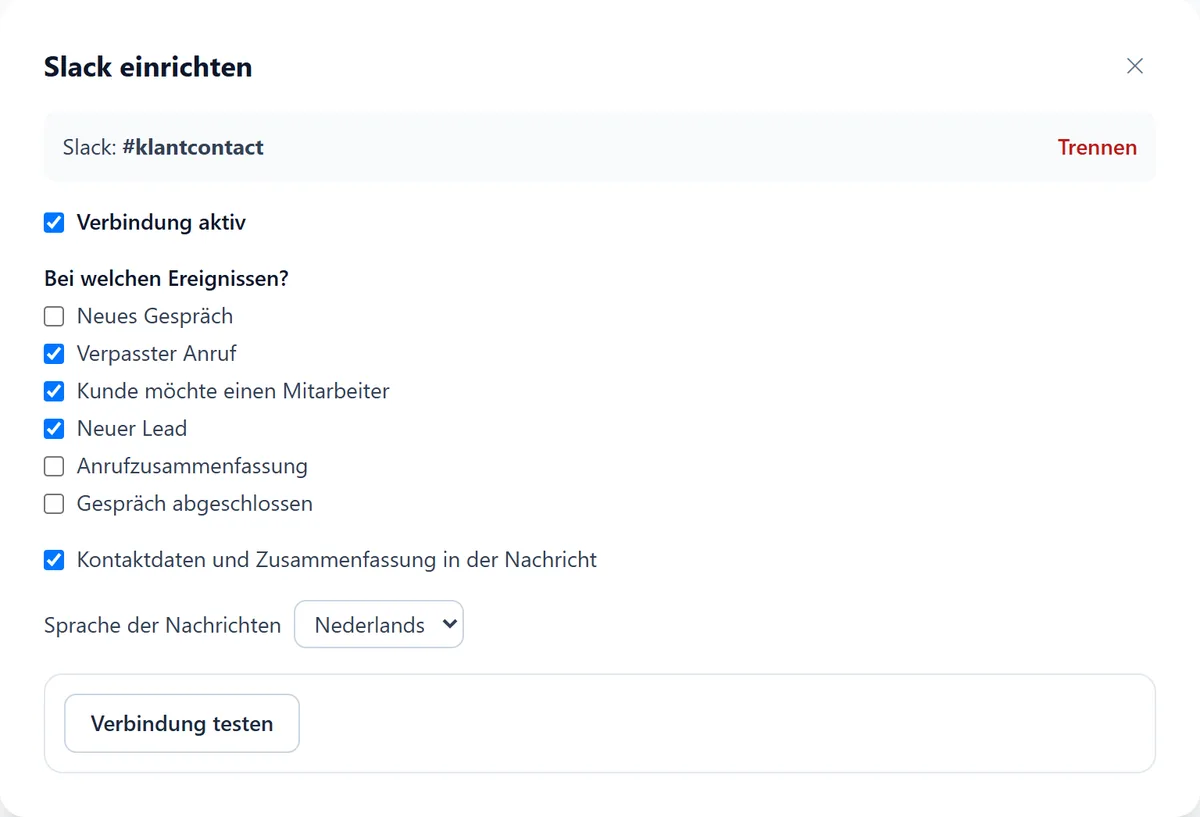 Der Assistent Slack einrichten, verbunden mit dem Kanal #klantcontact, mit Ereignissen wie Verpasster Anruf, Kunde möchte einen Mitarbeiter und Neuer Lead.