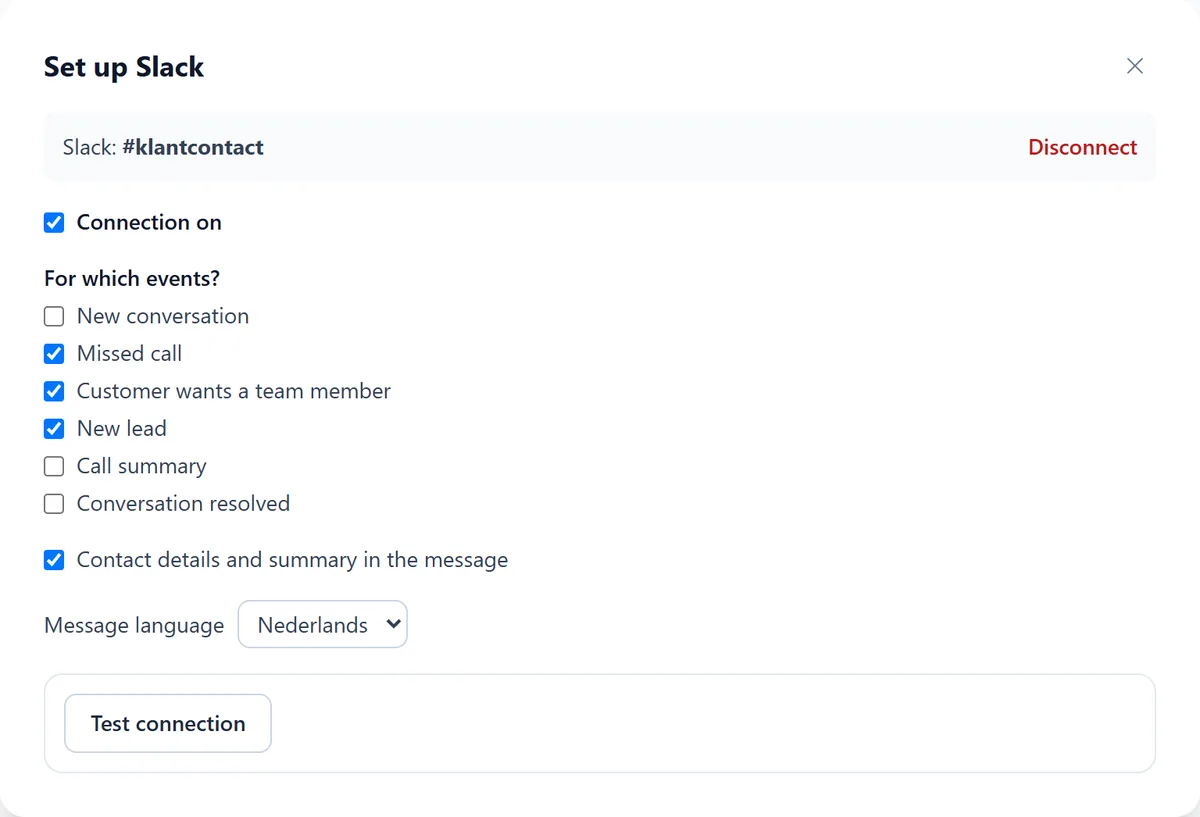 The Set up Slack wizard connected to the channel #klantcontact, with events such as Missed call, Customer wants a team member and New lead.