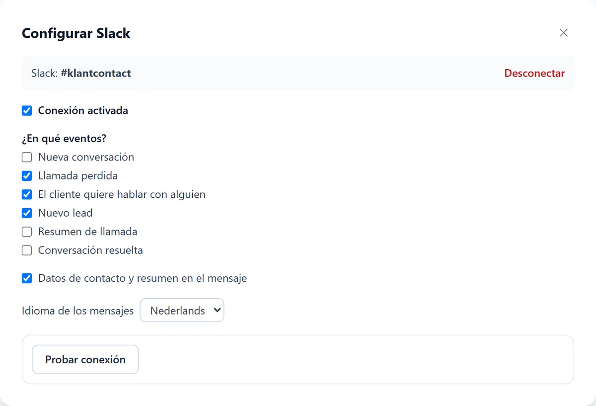 El asistente Configurar Slack conectado al canal #klantcontact, con eventos como Llamada perdida, El cliente quiere hablar con alguien y Nuevo lead.