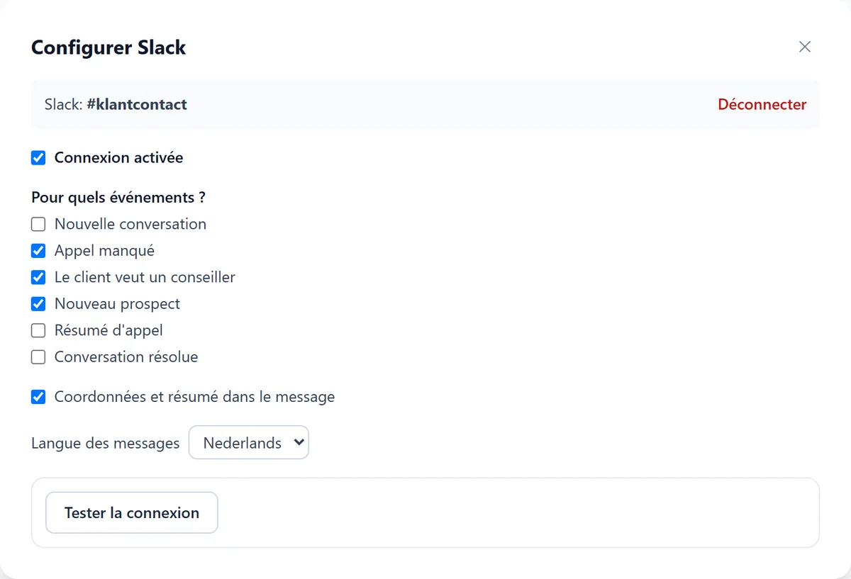 L'assistant de configuration Slack connecté au canal #klantcontact, avec des événements comme Appel manqué, Le client veut un conseiller et Nouveau prospect.
