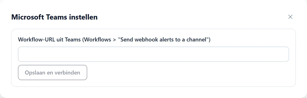 De wizard Microsoft Teams instellen met het veld Workflow-URL uit Teams en de knop Opslaan en verbinden.