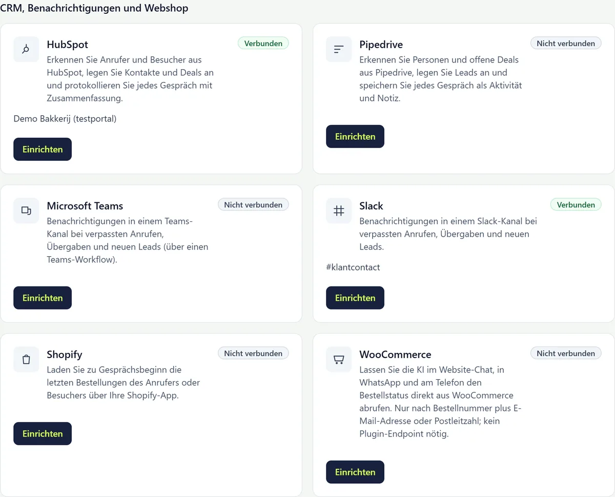 Der Block CRM, Benachrichtigungen und Webshop mit Karten für HubSpot (verbunden), Pipedrive, Microsoft Teams, Slack (verbunden), Shopify und WooCommerce.