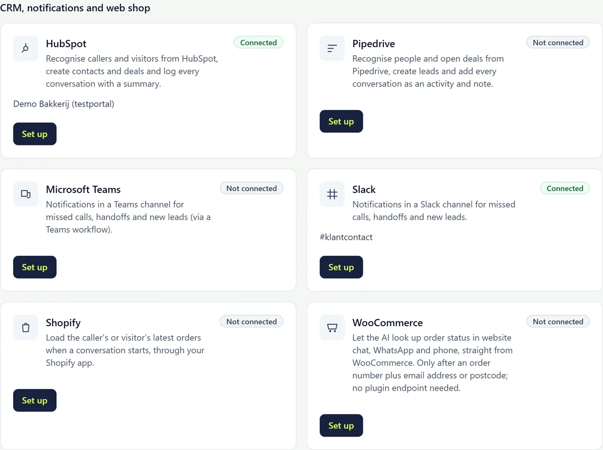 The block CRM, notifications and web shop with cards for HubSpot (connected), Pipedrive, Microsoft Teams, Slack (connected), Shopify and WooCommerce.
