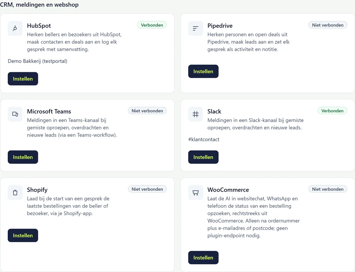 Het blok CRM, meldingen en webshop met kaarten voor HubSpot (verbonden), Pipedrive, Microsoft Teams, Slack (verbonden), Shopify en WooCommerce.