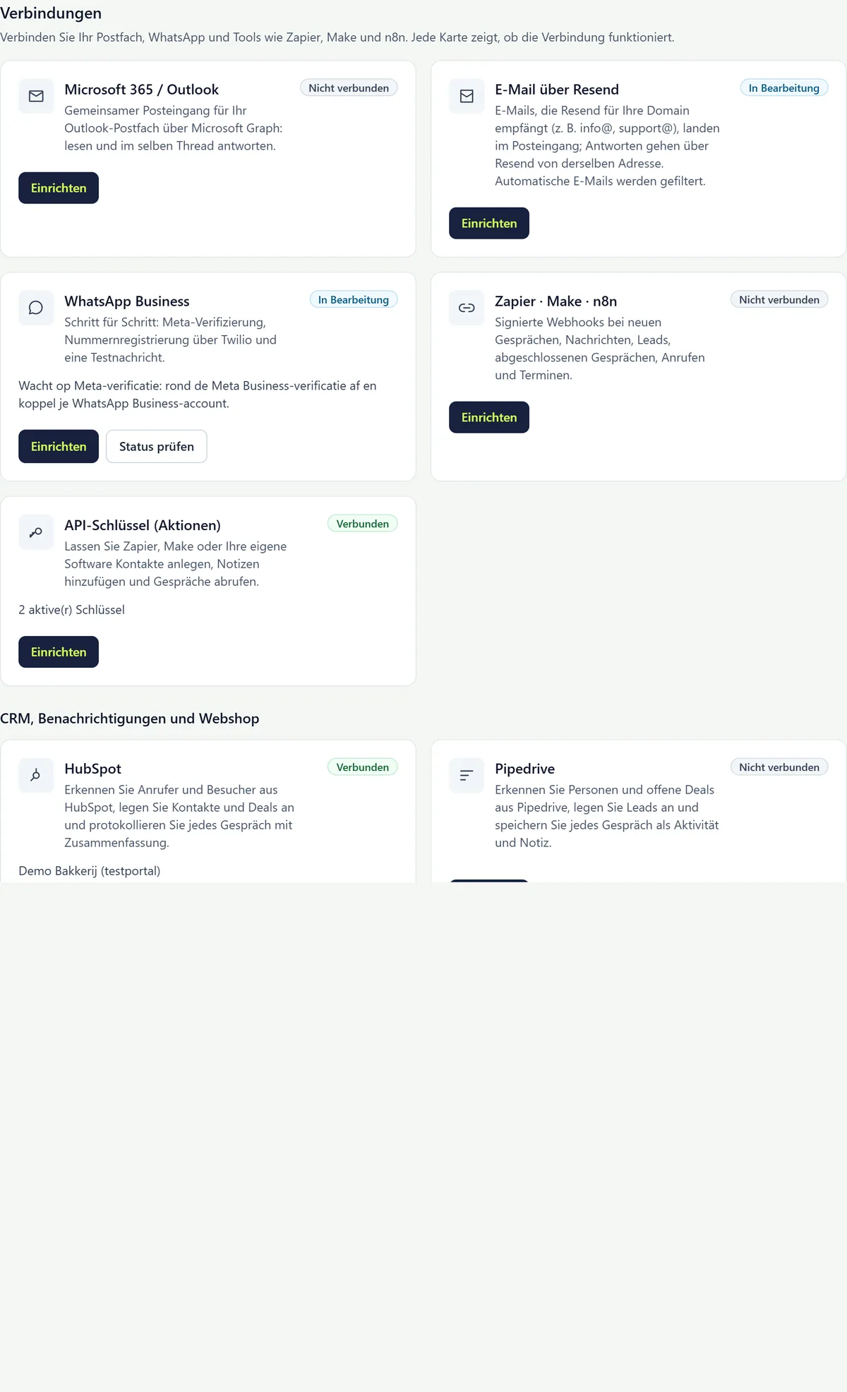 Die Seite Integrationen mit den Karten Microsoft 365 / Outlook, E-Mail über Resend, WhatsApp Business, Zapier · Make · n8n und API-Schlüssel, jeweils mit Status und der Schaltfläche Einrichten.