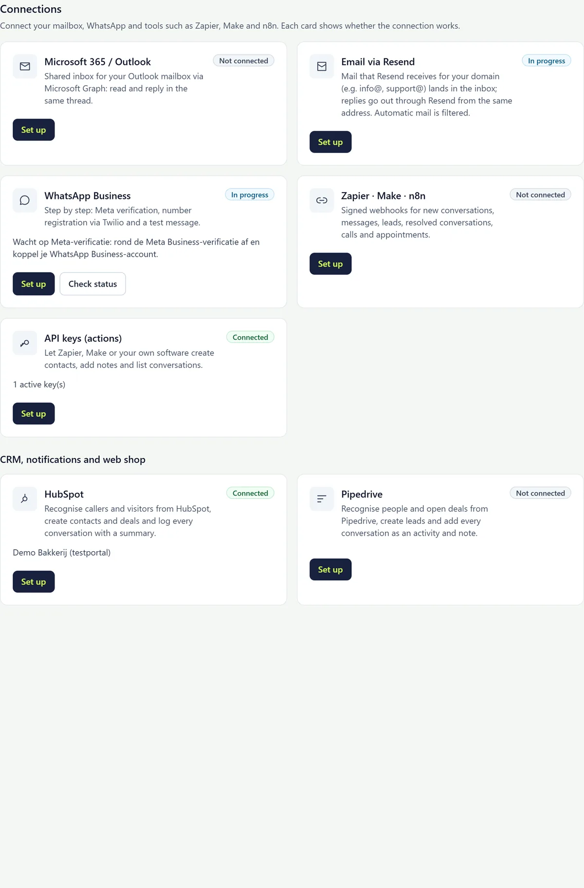 The Integrations page with the cards Microsoft 365 / Outlook, Email via Resend, WhatsApp Business, Zapier · Make · n8n and API keys, each with a status and a Set up button.