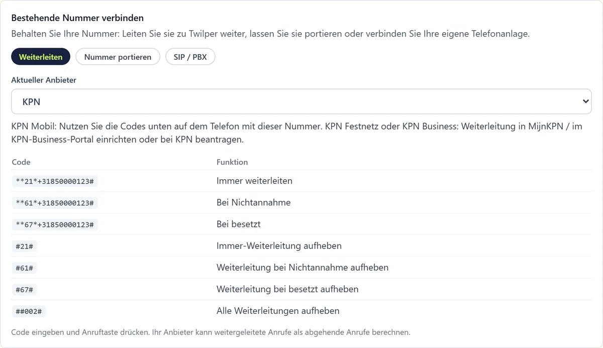 Bestehende Nummer verbinden mit den Registerkarten Weiterleitung, Nummer portieren und SIP / PBX, der Auswahl des aktuellen Anbieters und einer Tabelle mit Weiterleitungscodes.