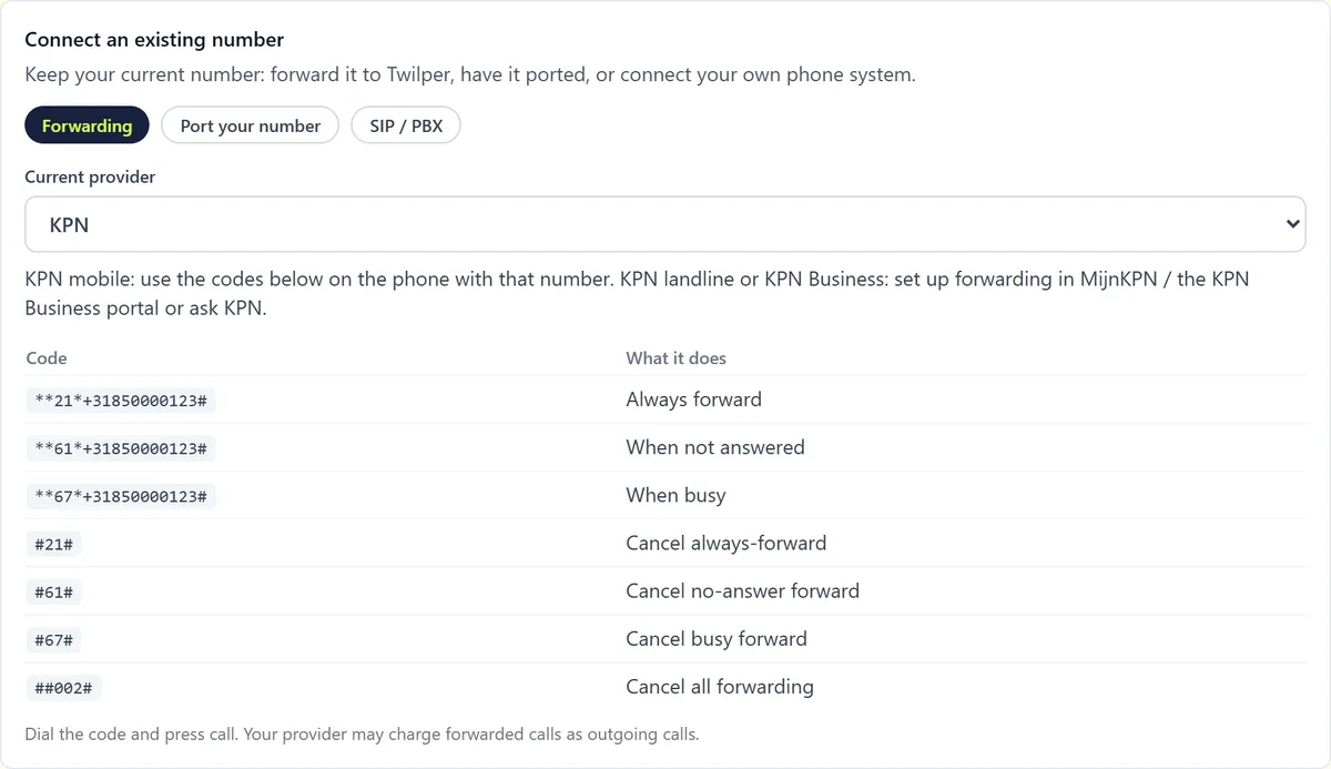 Connect an existing number with the tabs Forwarding, Port your number and SIP / PBX, the current provider choice and a table of forwarding codes.