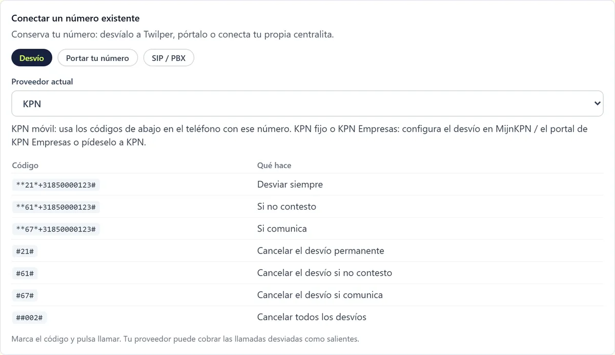 Conectar un número existente con las pestañas Desvío, Portar tu número y SIP / PBX, la elección del proveedor actual y una tabla de códigos de desvío.
