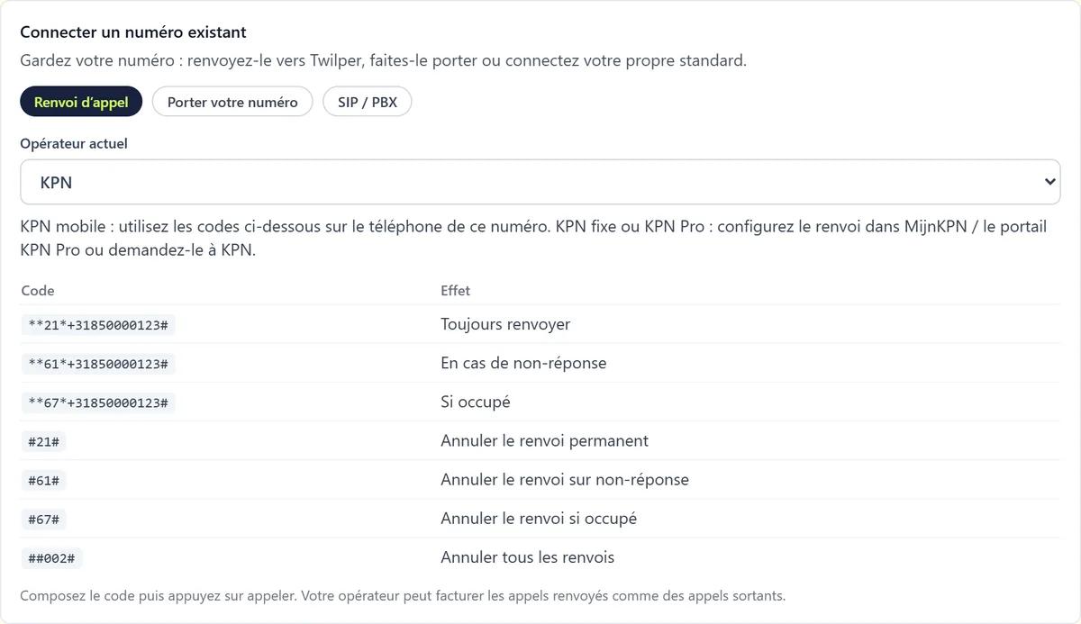 Connecter un numéro existant avec les onglets Renvoi d'appel, Porter votre numéro et SIP / PBX, le choix de l'opérateur actuel et un tableau des codes de renvoi.