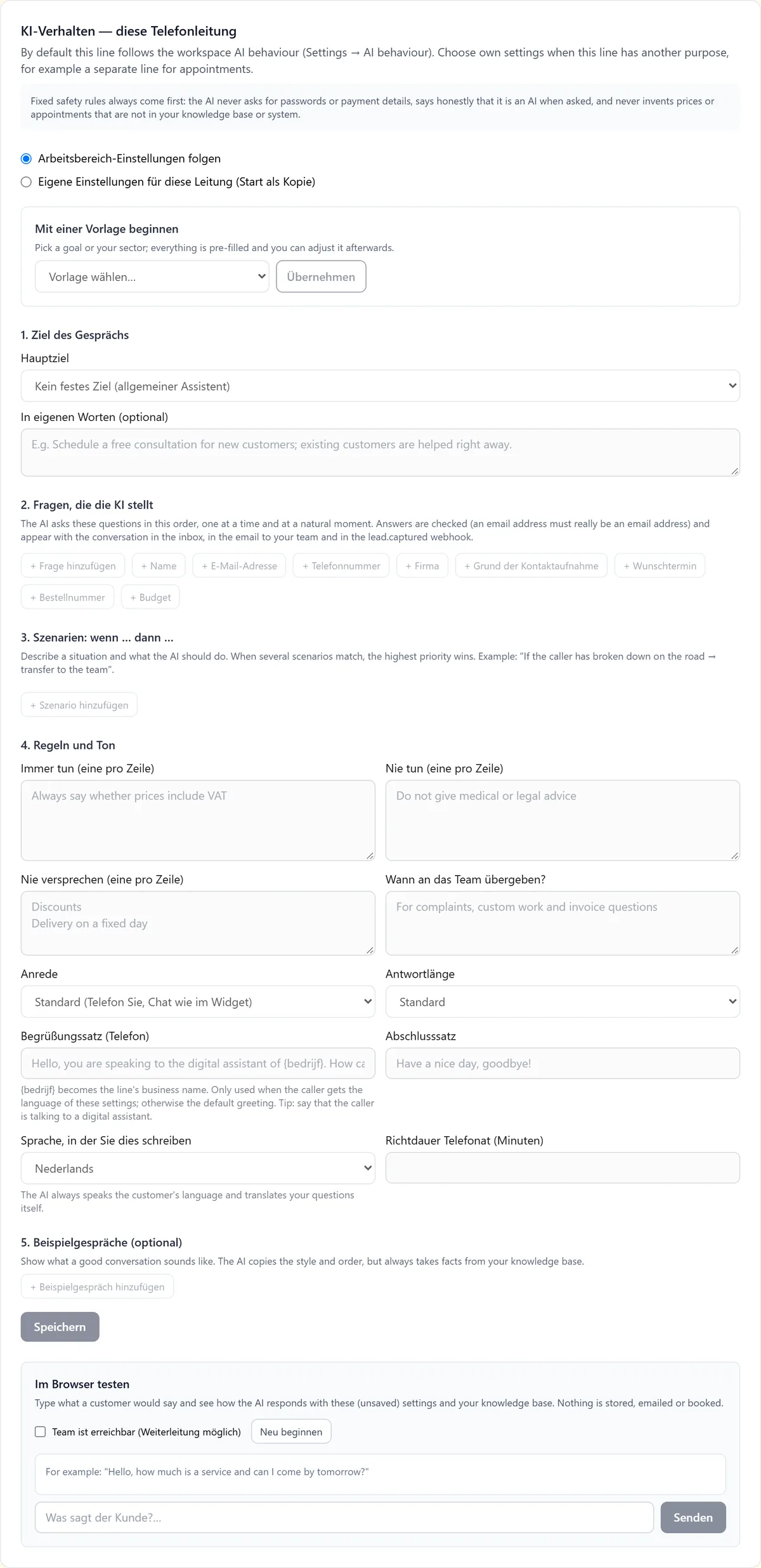 Der Block KI-Verhalten für eine Telefonleitung mit der Wahl zwischen den Einstellungen des Arbeitsbereichs folgen oder eigenen Einstellungen für diese Leitung.
