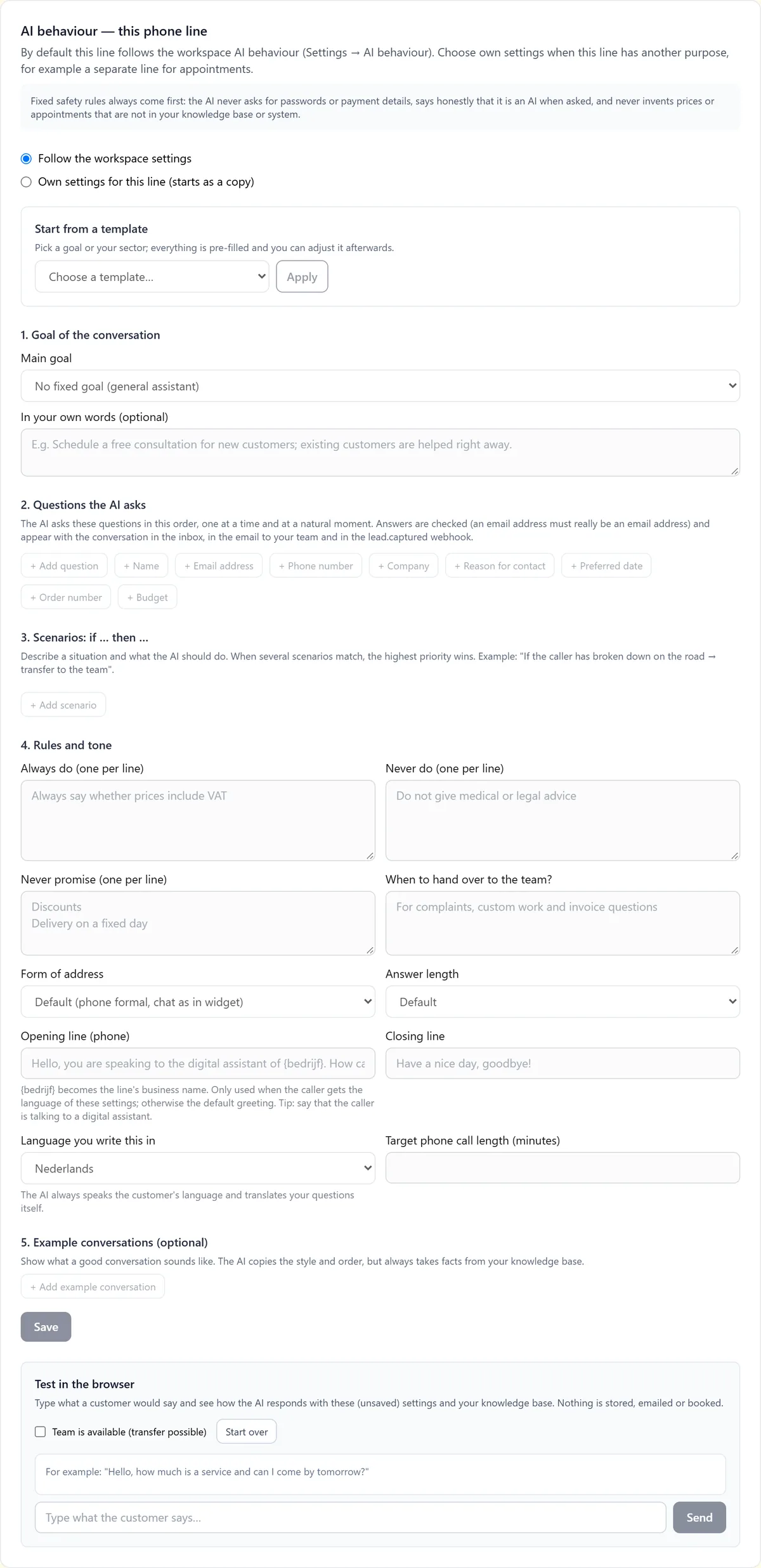 The AI behaviour block for one phone line with the choice between following the workspace settings or own settings for this line.
