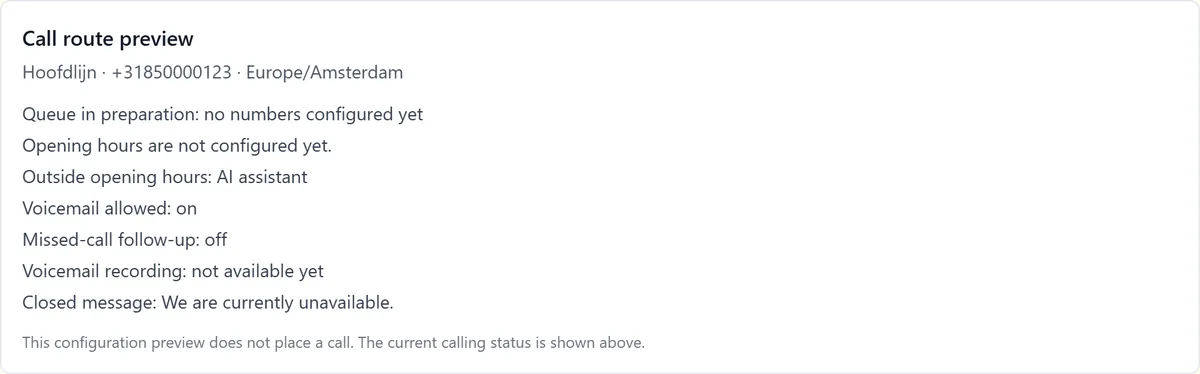 Call route preview for the main line with queue, opening hours, AI assistant outside opening hours and voicemail.