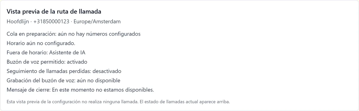 Vista previa de la ruta de llamada de la línea principal con cola, horario, asistente de IA fuera de horario y buzón de voz.