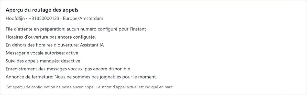 Aperçu du routage des appels de la ligne principale avec file d'attente, horaires d'ouverture, assistant IA en dehors des horaires d'ouverture et messagerie vocale.
