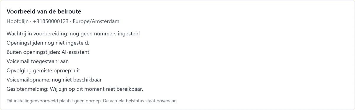 Voorbeeld van de belroute voor de Hoofdlijn met wachtrij, openingstijden, buiten openingstijden AI-assistent en voicemail.