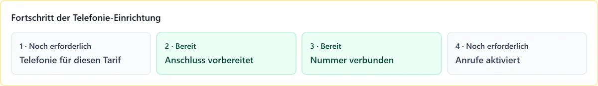 Fortschritt der Telefonie-Einrichtung mit vier Schritten: Telefonie für diesen Tarif noch erforderlich, Anschluss vorbereitet erledigt, Nummer verbunden erledigt, Anrufe aktiviert noch erforderlich.