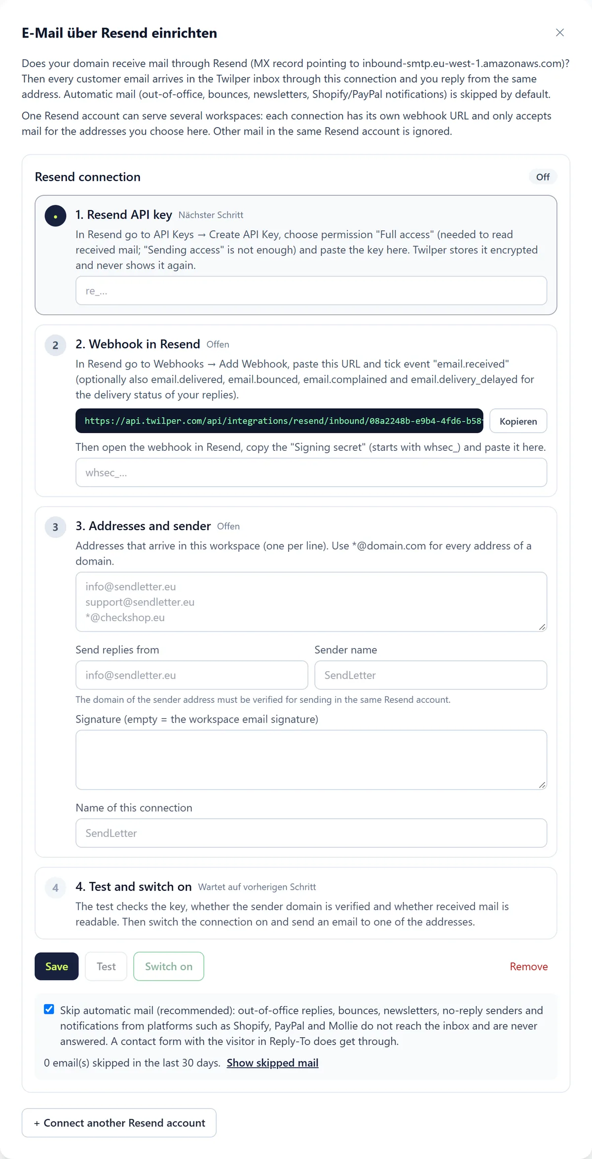 Das Formular für eine Resend-Verbindung mit den Schritten API-Schlüssel, Webhook in Resend, Adressen und Absender sowie Testen und einschalten.