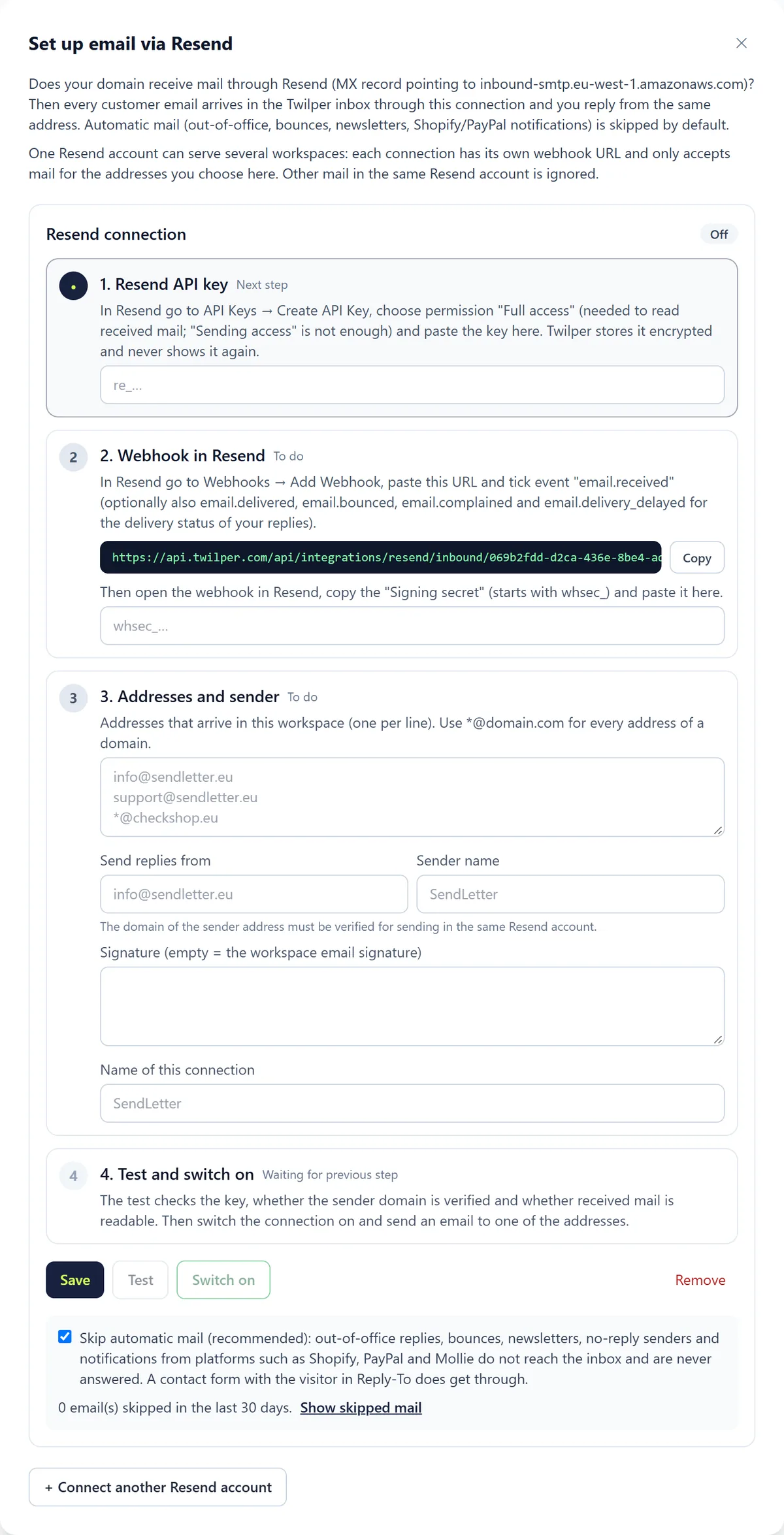 The form for a Resend connection with the steps API key, Webhook in Resend, Addresses and sender, and Test and switch on.