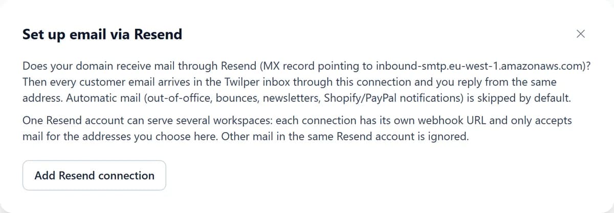 The Set up email via Resend wizard with an explanation and the button to add a Resend connection.