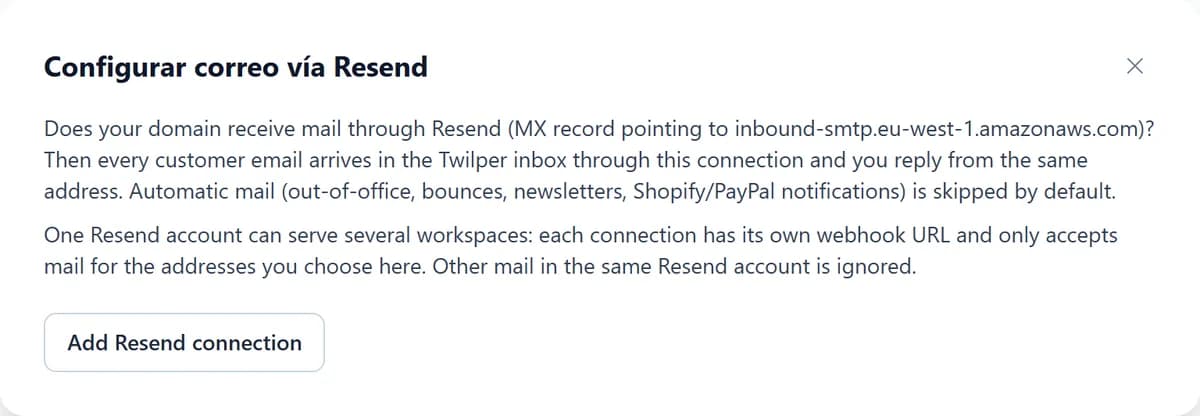 El asistente Configurar correo vía Resend con una explicación y el botón para añadir una conexión de Resend.