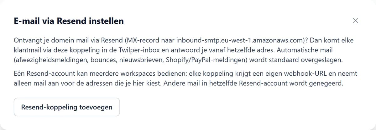 De wizard E-mail via Resend instellen met uitleg en de knop Resend-koppeling toevoegen.