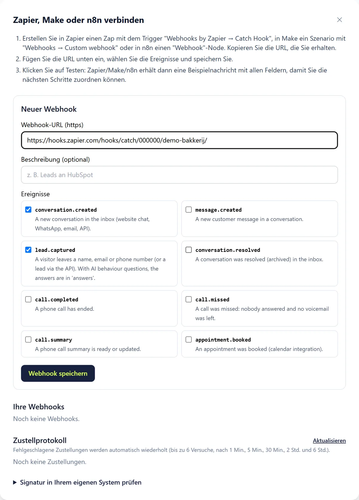 Das Formular Neuer Webhook mit einer eingetragenen Beispiel-URL von Zapier und den angehakten Ereignissen conversation.created und lead.captured.