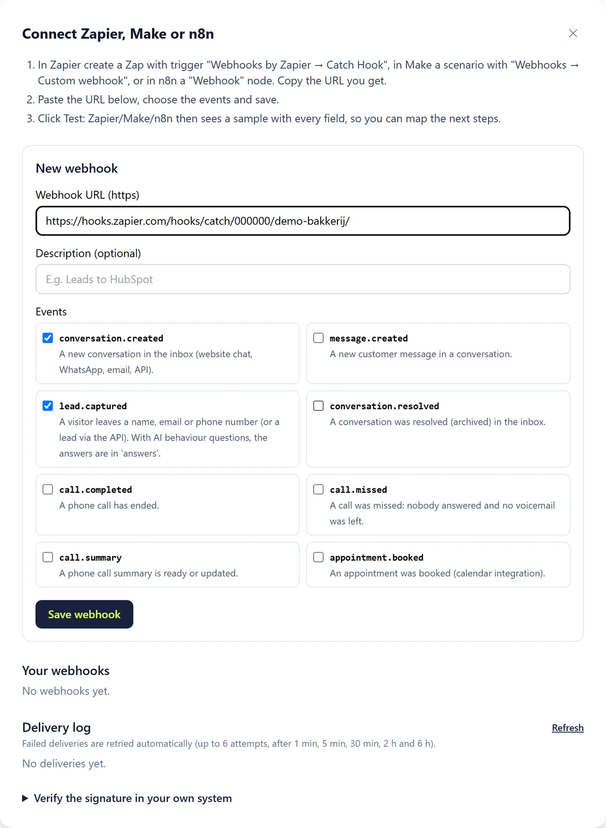The New webhook form with an example Zapier URL filled in and the events conversation.created and lead.captured ticked.