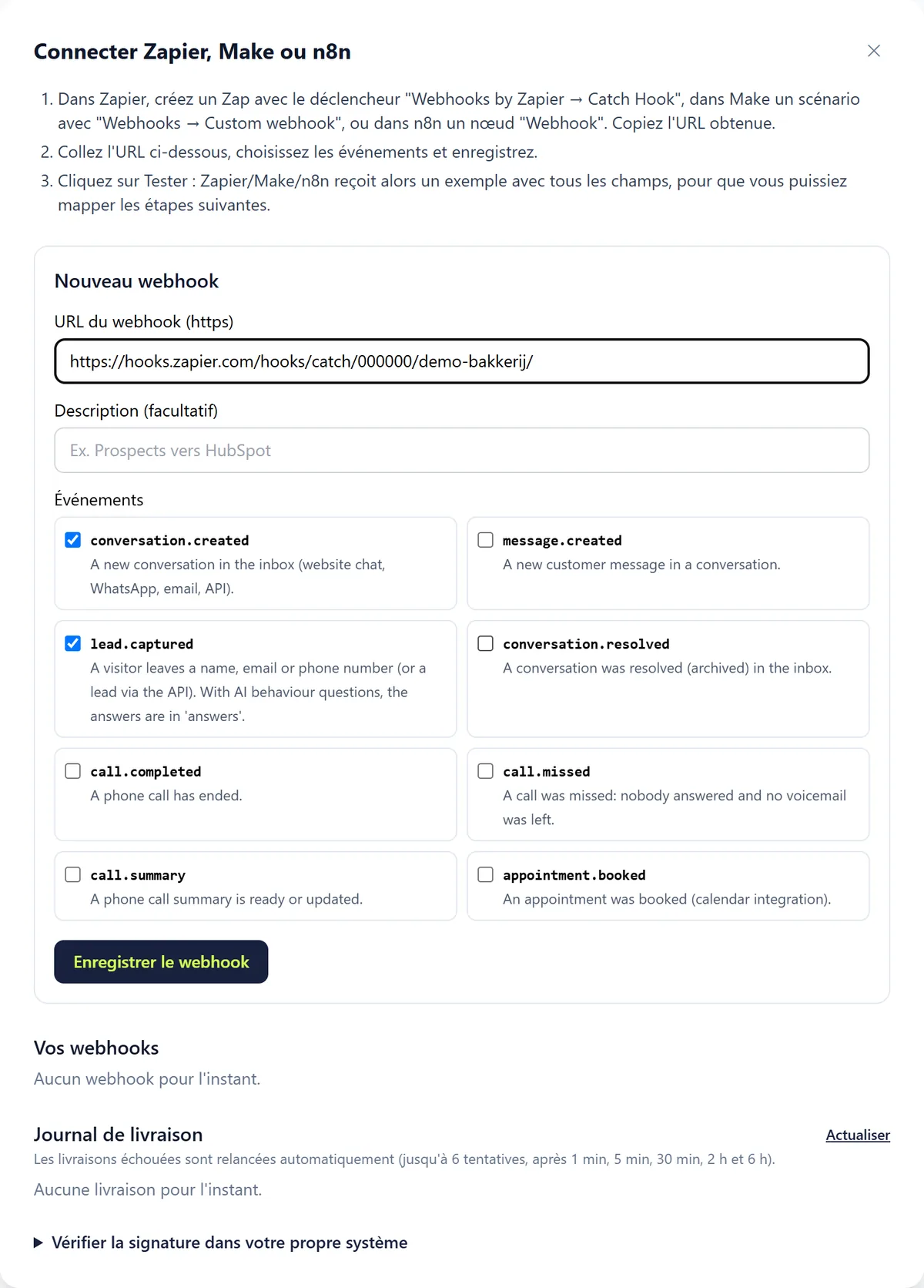 Le formulaire Nouveau webhook avec un exemple d'URL Zapier renseigné et les événements conversation.created et lead.captured cochés.