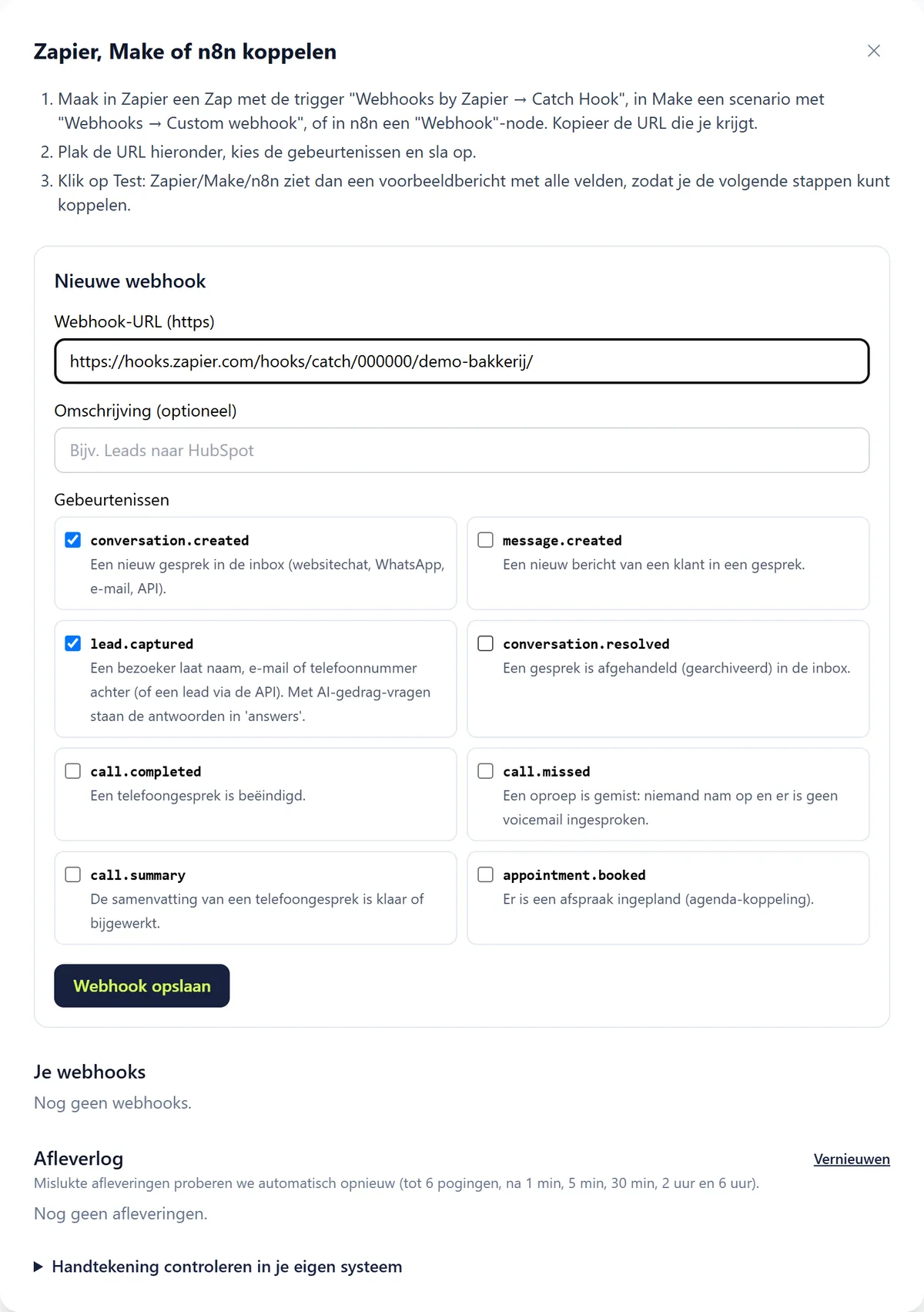 Het formulier Nieuwe webhook met een ingevulde voorbeeld-URL van Zapier en de gebeurtenissen conversation.created en lead.captured aangevinkt.