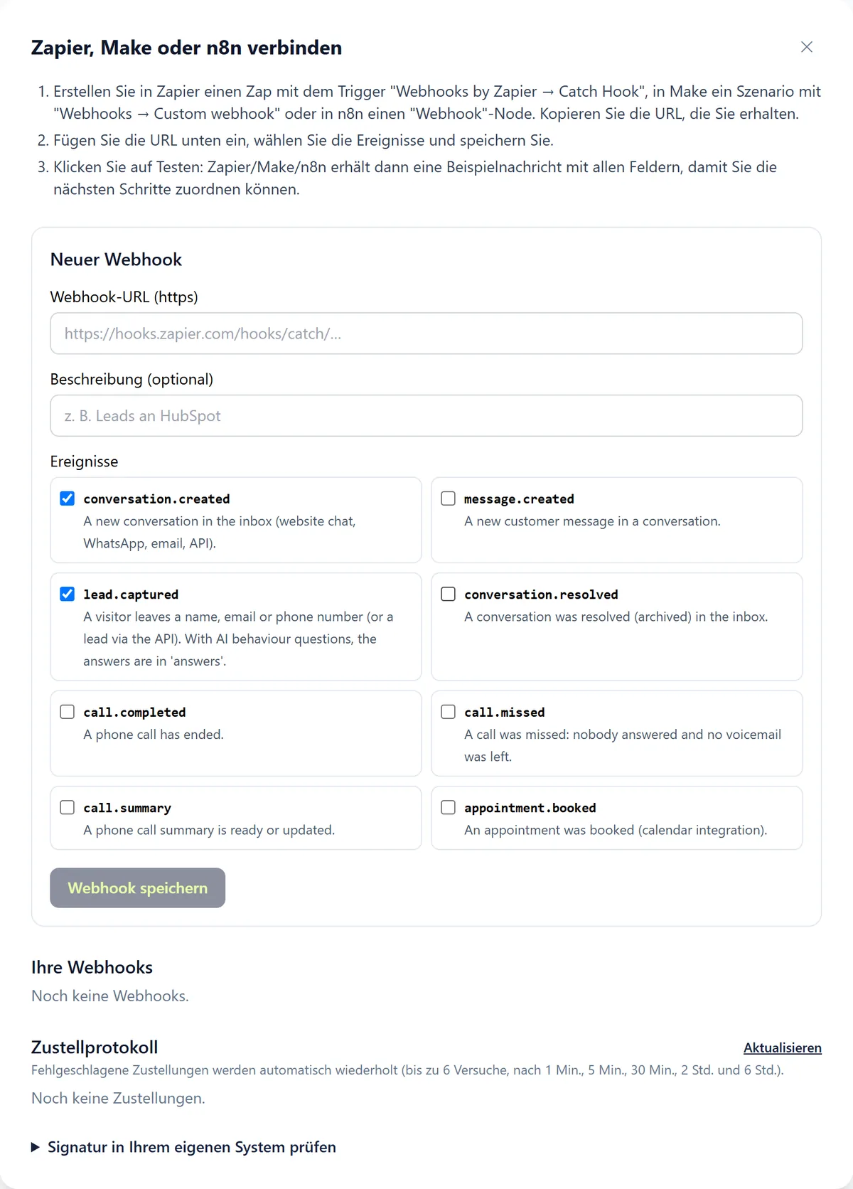 Der Assistent Zapier, Make oder n8n verbinden mit einer Anleitung in drei Schritten, dem Formular Neuer Webhook und der Liste Ihre Webhooks.