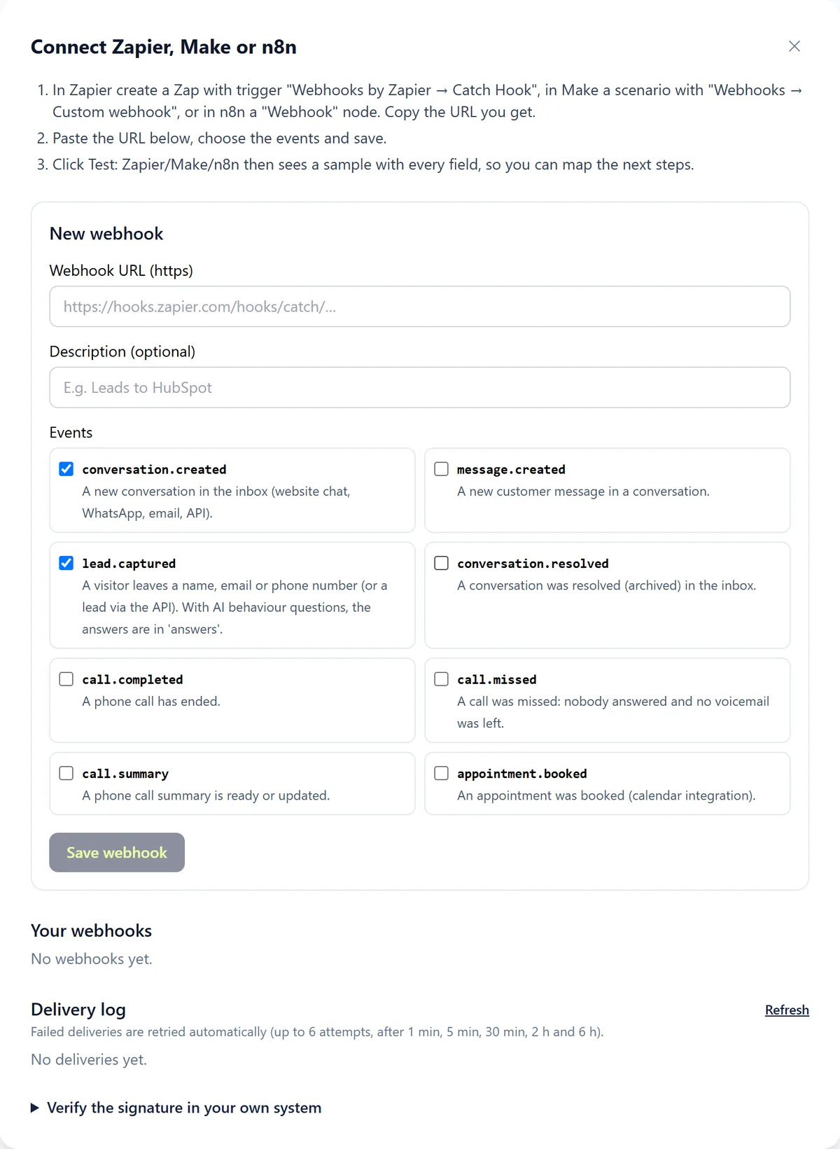 The Connect Zapier, Make or n8n wizard with three-step instructions, the New webhook form and the list Your webhooks.
